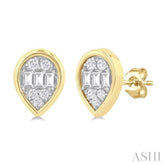 1/5 ctw Petite Bezel Set Pear Shape Fusion Baguette and Round Cut Diamond Fashion Stud Earring in 10K Yellow Gold